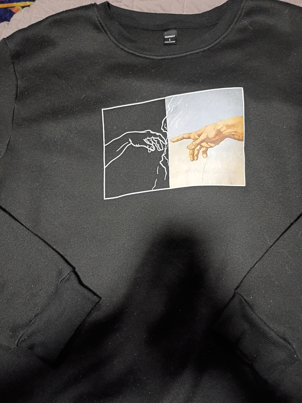 Michaelangilo "Creation Of Adam" Black Sweater Crewneck 100% Cotton.